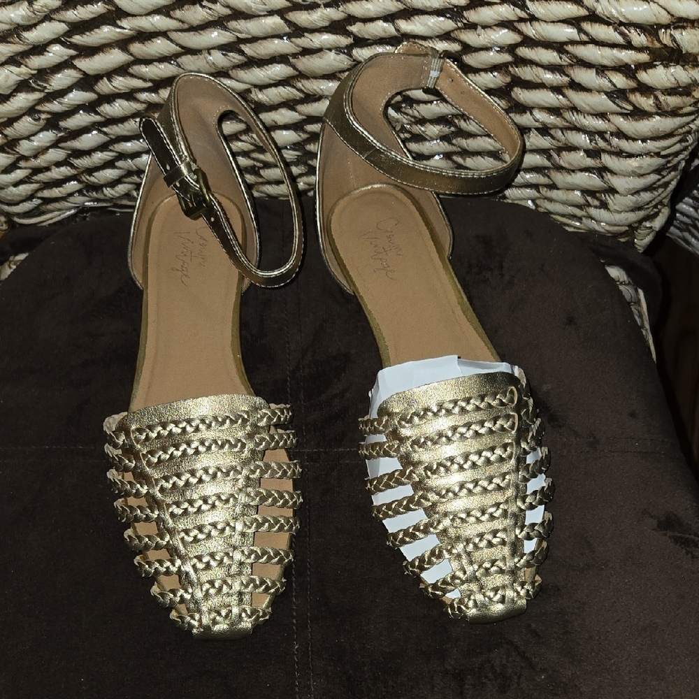 Crown Vintage Metallic Gold Braided Ankle-Strap Flats